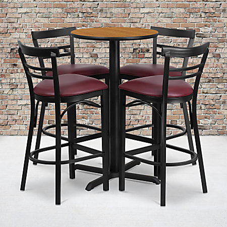 Flash Furniture Round Laminate Table Set With X-Base And Four 2-Slat Ladder-Back Metal Barstools, 42"H x 24"W x 24"D, Natural/Burgundy