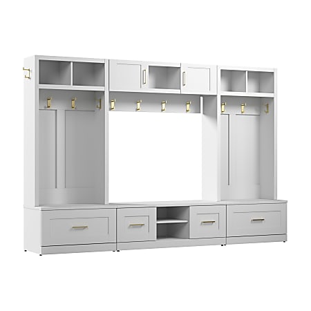 Bush Furniture Hampton Heights Full Entryway Storage Set With Coat Rack, Hall Trees And Shoe Benches With Doors And Drawers, White, Standard Delivery