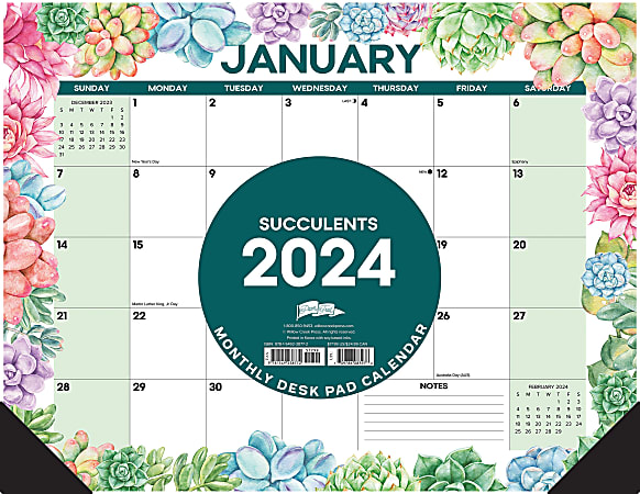 2024 Willow Creek Press Desk Pad Calendar, 22" x 17", Succulents, January To December