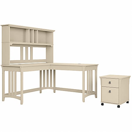 Bush® Furniture Salinas 60"W L-Shaped Writing Desk With Hutch And Mobile File Cabinet, Antique White, Standard Delivery