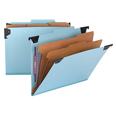 Smead® Hanging Pressboard Classification Folder With SafeSHIELD® Coated Paper Fastener, 2 Dividers, Letter Size, Blue