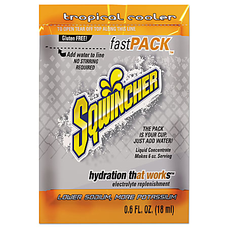 Sqwincher Fast Pack® Electrolyte Replenishment Concentrate, Tropical Cooler, 0.6 Oz, Case of 200