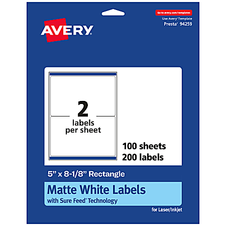 Avery® Permanent Labels With Sure Feed®, 94259-WMP100, Rectangle, 5" x 8-1/8", White, Pack Of 200