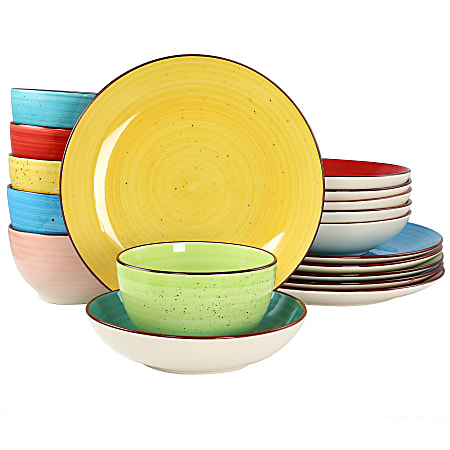 Elama Sebastian Double Bowl Stoneware Dinnerware Set, Assorted Colors, Set Of 18 Pieces