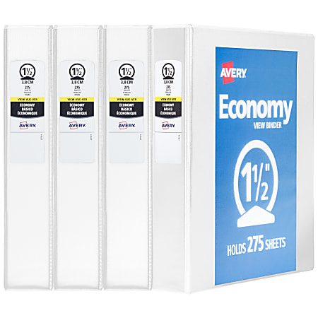 Avery® Economy View 3 Ring Binders, 1-1/2" Round Rings, White, Pack Of 4