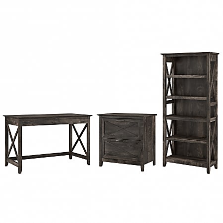 Bush Furniture Key West 48"W Writing Desk With 2-Drawer Lateral File Cabinet And 5-Shelf Bookcase, Dark Gray Hickory, Standard Delivery