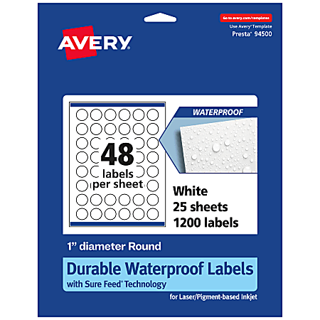 Avery® Waterproof Permanent Labels With Sure Feed®, 94500-WMF25, Round, 1" Diameter, White, Pack Of 1,200