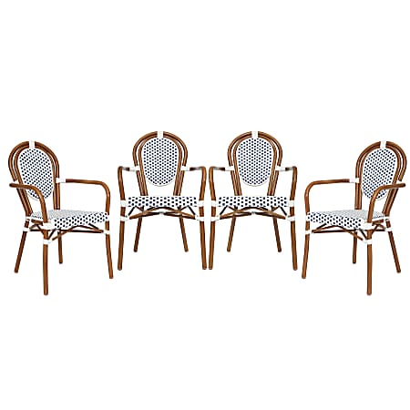 Flash Furniture 4 Pack Lourdes Indoor/Outdoor Commercial Thonet Bistro Stacking Chair with Arms, White & Navy/Natural Frame -4SDA6422AWNVN