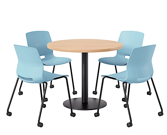 KFI Studios Proof Cafe Round Pedestal Table With Imme Caster Chairs, Includes 4 Chairs, 29”H x 36”W x 36”D, Maple Top/Black Base/Sky Blue Chairs