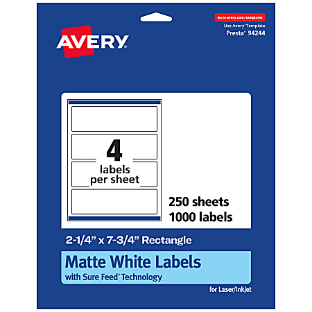 Avery® Permanent Labels With Sure Feed®, 94244-WMP250, Rectangle, 2-1/4" x 7-3/4", White, Pack Of 1,000