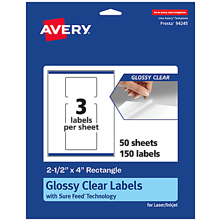 Avery® Glossy Permanent Labels With Sure Feed®, 94245-CGF50, Rectangle, 2-1/2" x 4", Clear, Pack Of 150