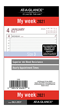AT-A-GLANCE® Weekly Planner Refill, Size 3, 3-3/4" x 6-3/4", January To December 2021, 063-285Y
