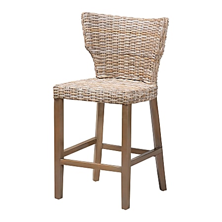 bali & pari Enver Kubu Rattan And Mahogany Wood Counter Stool, Kubu Gray/Rustic Taupe