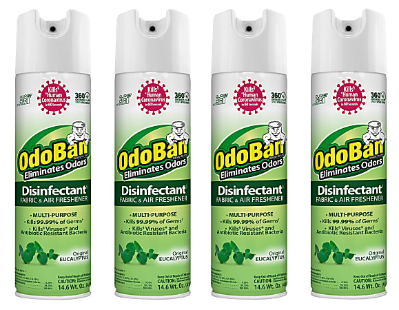 OdoBan Ready-to-Use 360-Degree Continuous Spray Disinfectant Cleaner and Odor Eliminator, Original Eucalyptus Scent, 14.6 Oz, Set Of 4 Spray Cans