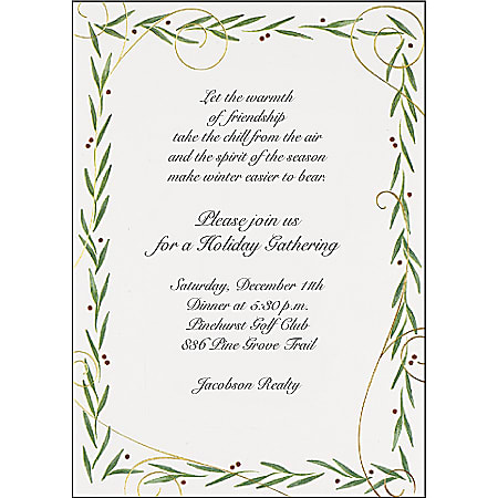 Custom Printed Premium Invitations, 7 3/4" x 5 1/2", Holiday Leaves & Berries, Flat, White Matte, Box Of 25