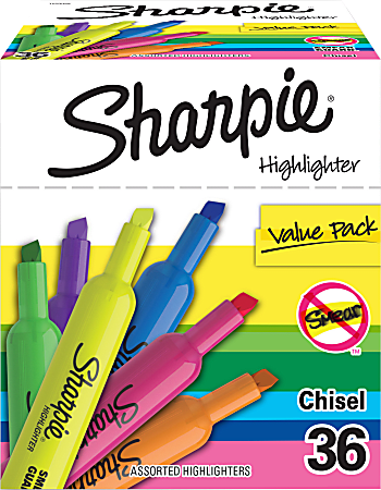 Sharpie® Tank Highlighters, Chisel Tip, Assorted Color Highlighters, Value Pack, 36 Count