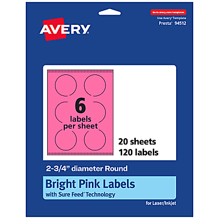 Avery® Print-To-The-Edge Labels With Sure Feed® Technology And Easy Peel® Label Feature, 94512-BPP20, Round, 2-3/4", Matte Bright Pink, Pack of 120