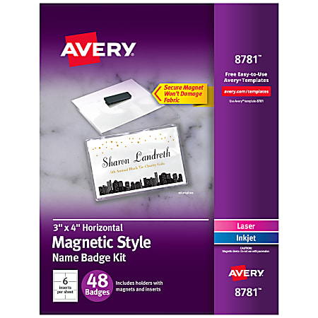 Avery® Magnetic Style Name Badge Kit, 3" x 4", White, Pack Of 48 Badges