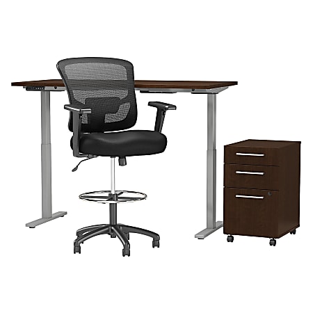 Move 60 Series by Bush Business Furniture 60"W Height Adjustable Standing Desk With Storage And Drafting Chair, Mocha Cherry, Standard Delivery