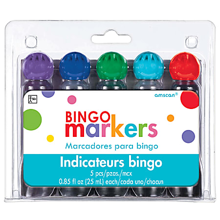 Amscan Bingo Markers, Broad Point, Assorted Colors, Set Of 5 Markers