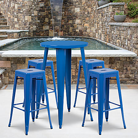 Flash Furniture Commercial-Grade Round Metal Indoor/Outdoor Bar Table Set With 4 Square Backless Stools, 41"H x 24"W x 24"D, Blue