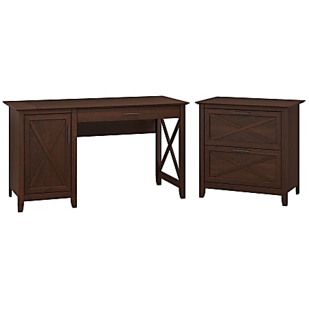 Bush Furniture Key West 54"W Computer Desk With Storage And 2 Drawer Lateral File Cabinet, Bing Cherry, Standard Delivery