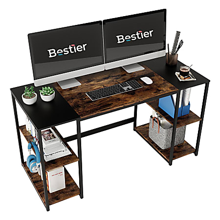 Bestier 55"W Computer Desk with 4 Storage Shelves & Splice Tabletop, Rustic Brown/Black