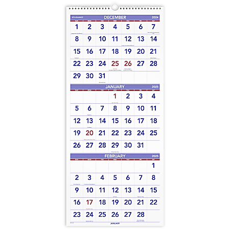 2025-2026 AT-A-GLANCE® Monthly 3-Month Reference Vertical Wall Calendar, 12" x 27", December To February