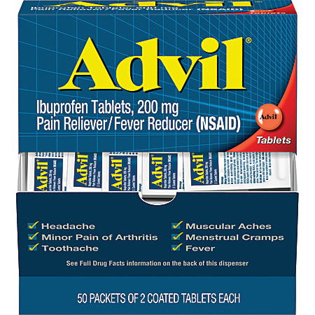Advil Coated Tablets, 2 Tablets Per Packet, Box Of 50 Packets