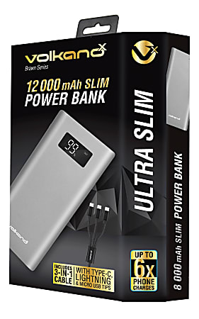 Volkano Brawn Slim Power Bank, 12,000 mAh, Silver, VK-9011-SL