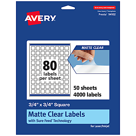 Avery® Permanent Labels With Sure Feed®, 94102-CMF50, Square, 3/4" x 3/4", Matte Clear, Pack Of 4,000