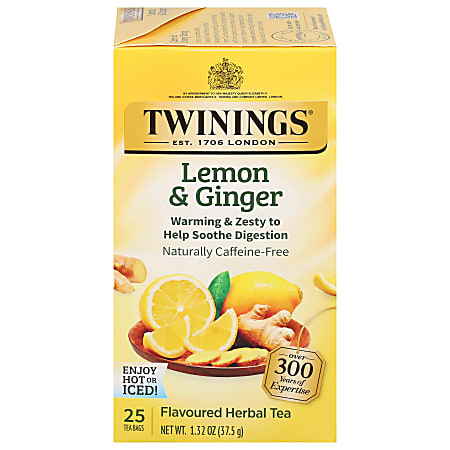 Twinings® Lemon & Ginger Herbal Decaffeinated Tea Bags, 1.32 Oz, Box Of 25