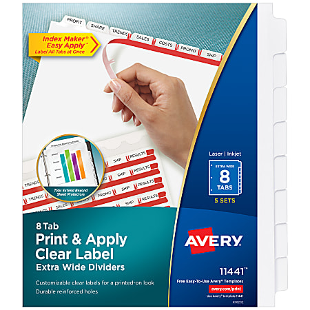Print and Apply Index Maker Clear Label Dividers, Extra Wide Tabs, 8-Tab, 11.25 x 9.25, White, 5 Sets