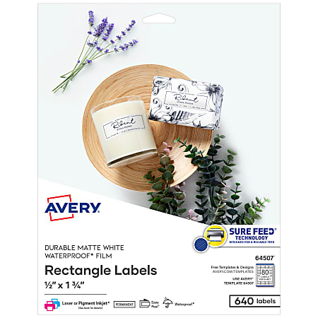 Avery® Printable Durable Waterproof Labels With Sure Feed® Technology, 64507,Rectangle, 1/2" x 1-3/4", Matte White, Pack Of 640