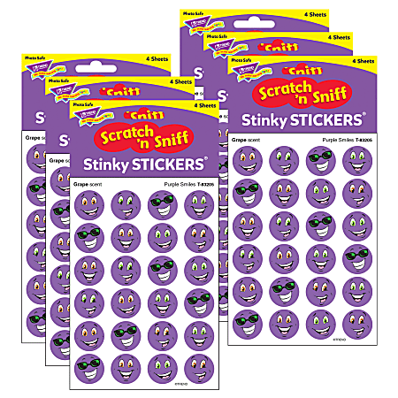 Trend Stinky Stickers, Purple Smiles/Grape, 96 Stickers Per Pack, Set Of 6 Packs