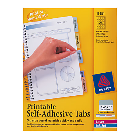 Avery® Printable Self-Adhesive Tabs, 1 1/4" x 1", Assorted Colors, Pack Of 96