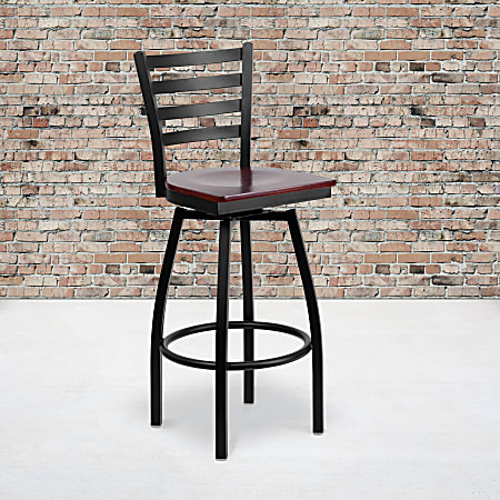 Flash Furniture Metal/Wood Swivel Barstool With Ladder Back, Mahogany/Black