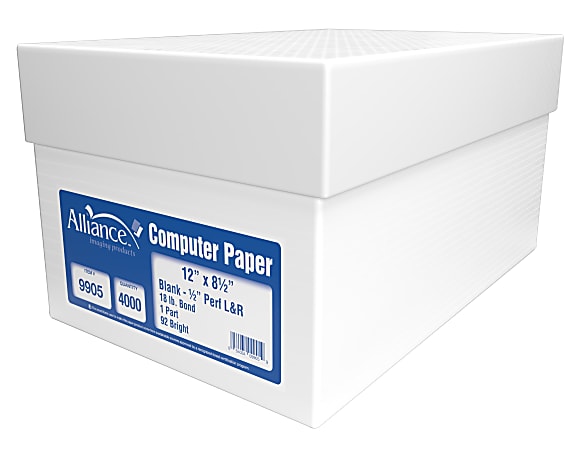 Alliance Continuous Feed Computer Paper, 12” x 8-1/2”, White, 18 lb