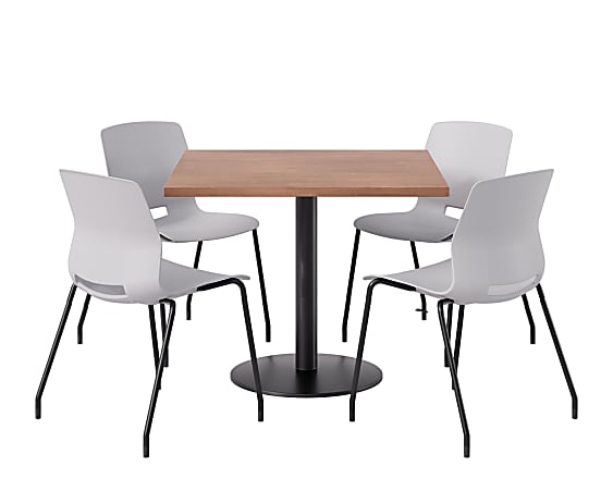 KFI Studios Proof Cafe Pedestal Table With Imme Chairs, Square, 29”H x 36”W x 36”W, River Cherry Top/Black Base/Light Gray Chairs