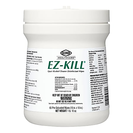 Clorox Healthcare EZ-Kill Quat Alcohol Cleaner Disinfectant Wipes, Unscented, 10" x 10", 65 Wipes Per Canister, Pack Of 12 Canisters