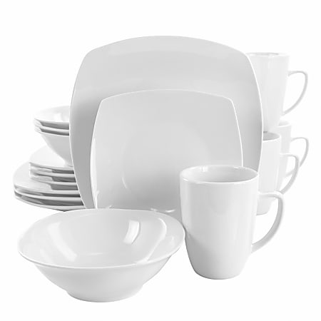 Elama Bishop 16-Piece Soft Square Porcelain Dinnerware Set, White
