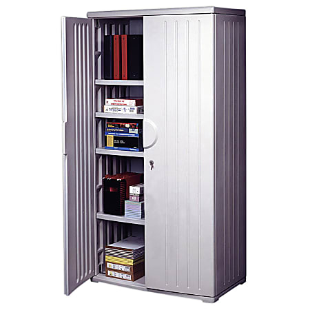 Bush Business Furniture Universal Tall Clothing Storage Cabinet with Doors and Shelves Platinum Gray