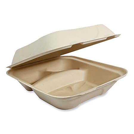 World Centric® Fiber Hinged Containers, 2-15/16”H x 8-13/16”W x 8-1/4”D, Natural, Pack Of 300 Containers