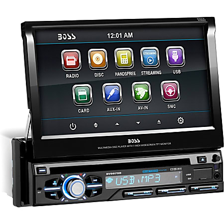 BOSS AUDIO BV9979B Single-DIN 7 inch Motorized Touchscreen DVD Player, Receiver, Bluetooth, Detachable Front Panel, Wireless Remote