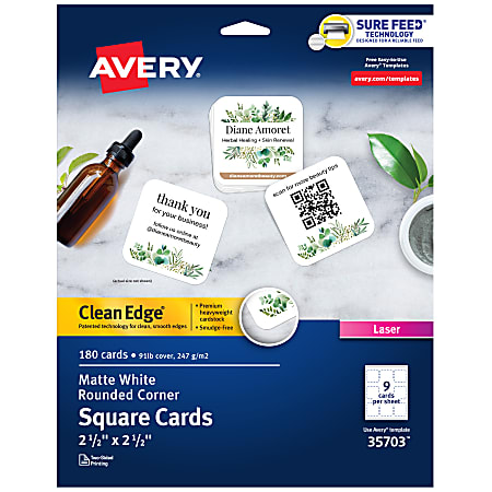 Avery® Clean Edge® Printable Square Cards With Sure Feed Technology & Rounded Corners, 2.5" x 2.5", White, 180 Blank Cards For Laser Printers