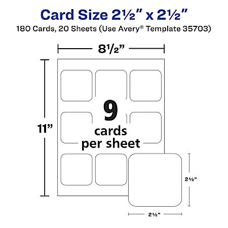 Square Clean Edge Cards with Sure Feed Technology, Laser, 2.5 x 2.5, White, 180 Cards, 9 Cards/Sheet, 20 Sheets/Pack