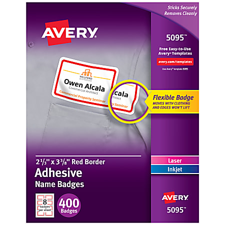 Avery® Flexible Name Badge Labels, 2 1/3" x 3 3/8", White With Red Border, Box Of 400