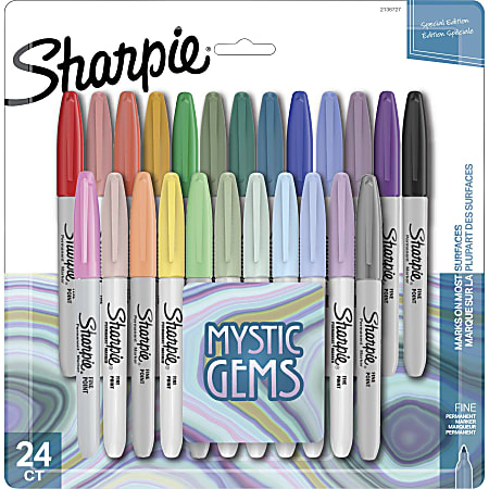 Sharpie® Mystic Gems Permanent Markers, Fine Point, White Barrels, Assorted Ink Colors, Set Of 24 Markers