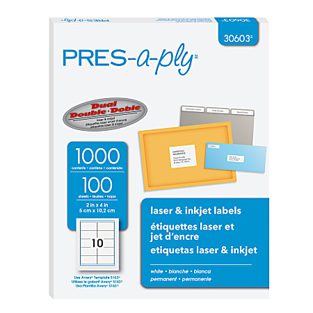 PRES-a-ply™ Labels for Laser and Inkjet Printers, AVE30603, Permanent Adhesive, 2"W x 4"L, Rectangle,  White, Box Of 1,000