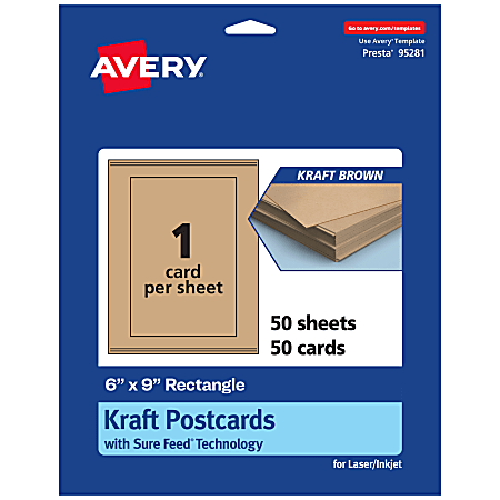 Avery® Printable Postcards With Sure Feed® Technology, 95281-KMC50, Rectangle, 6" x 9", Kraft Brown, Pack Of 50